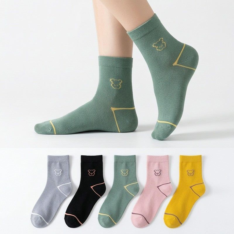 Plusock Cute Bear Embroidered Cotton Quarter  Socks(5 Pairs) - Multicolor - EU35-40(US2-7) - image 0