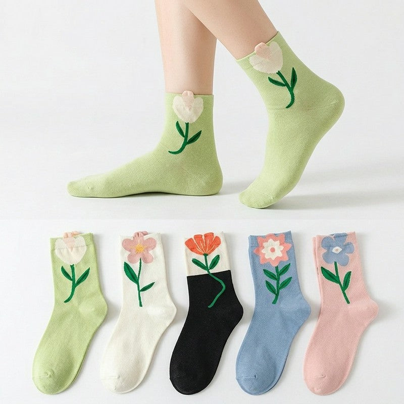 Plusock Springtime Floral Embroidered Cotton Crew Socks(5 Pairs) - image 0