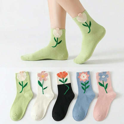 Plusock Springtime Floral Embroidered Cotton Crew Socks(5 Pairs) - image 0
