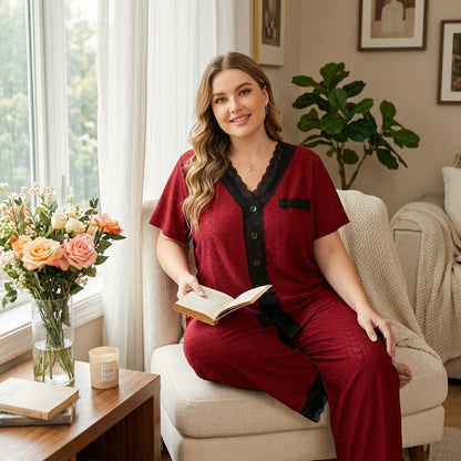 Plusock Burgundy Contrast Trim Pajama Set - image 4