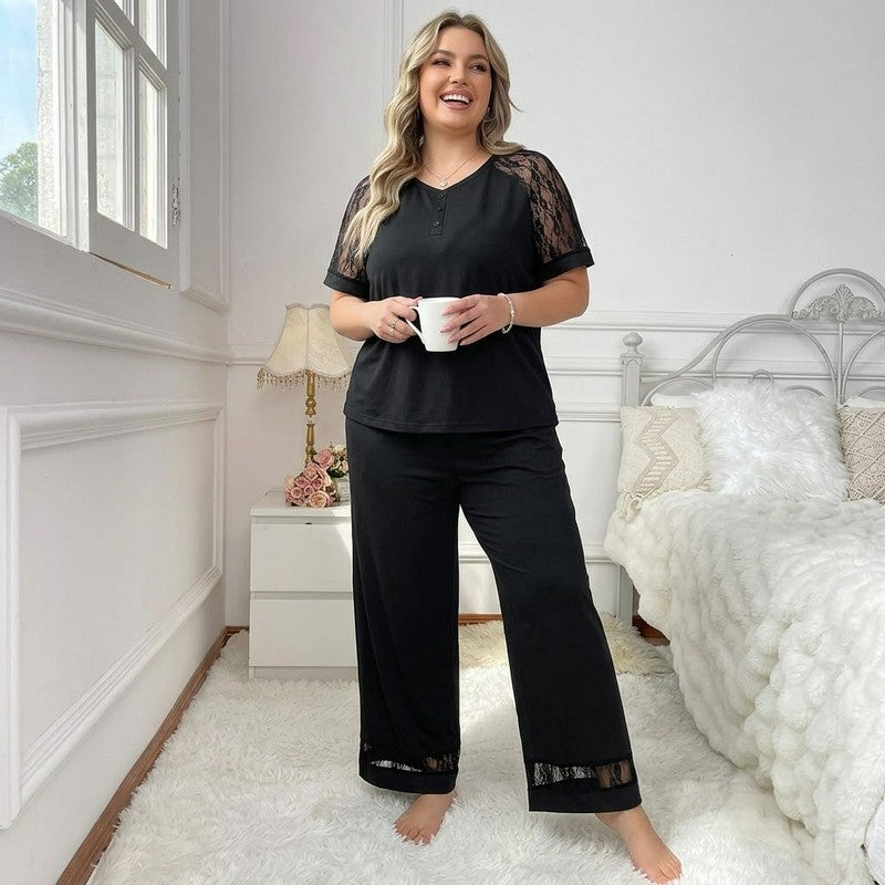 Plusock V Neck Lace Trim Pajama Set - Black - 4XL - image 0