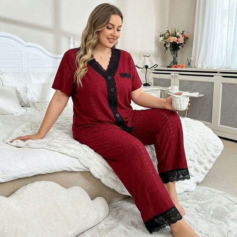 Plusock Burgundy Contrast Trim Pajama Set - Red - 4XL - image 0