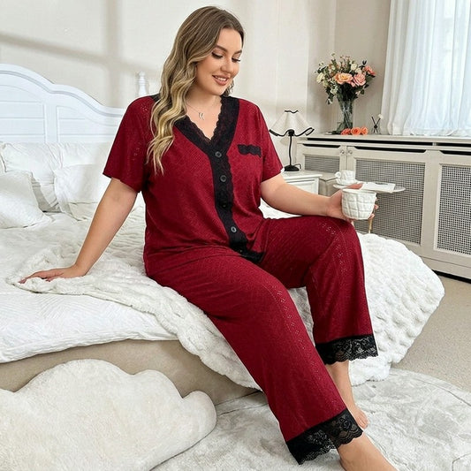 Plusock Burgundy Contrast Trim Pajama Set - Red - 4XL - image 0