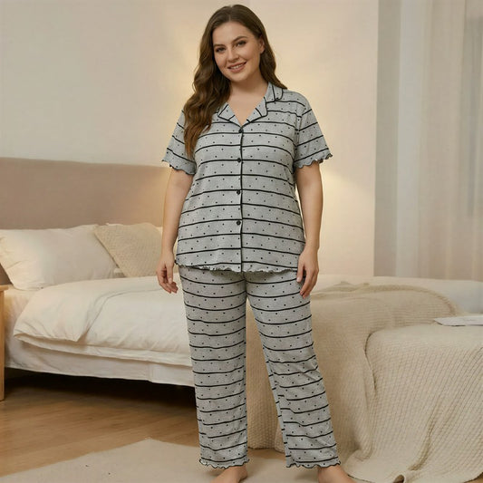 Plusock Contrast Trim Striped Pajama Set - Grey - 4XL - image 0