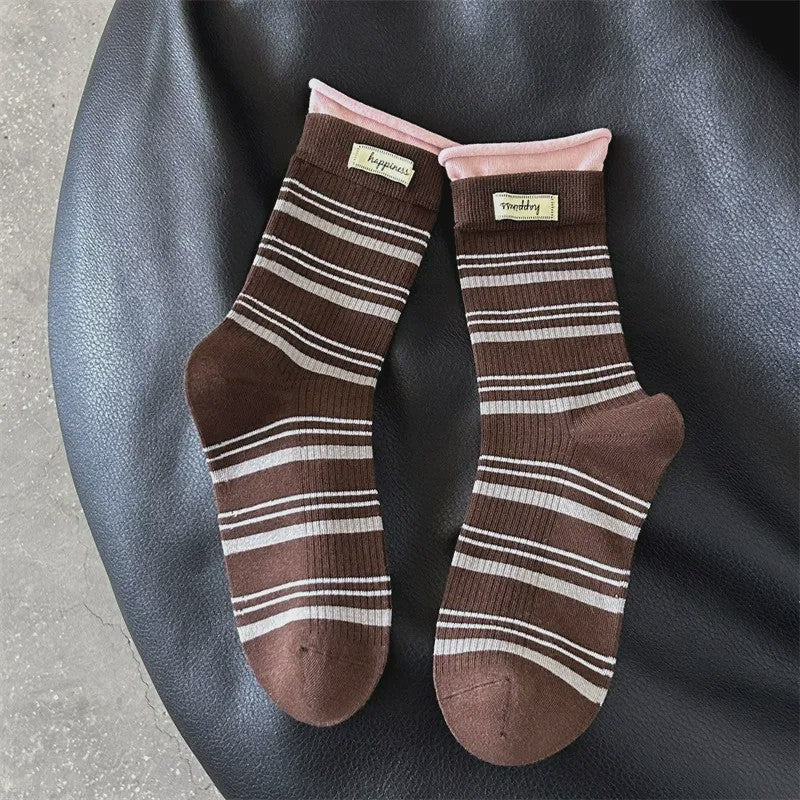 Plusock Retro Striped Knit Quarter Socks (5 Pairs) - Coffee - EU36-42(US3-8.5) - image 20