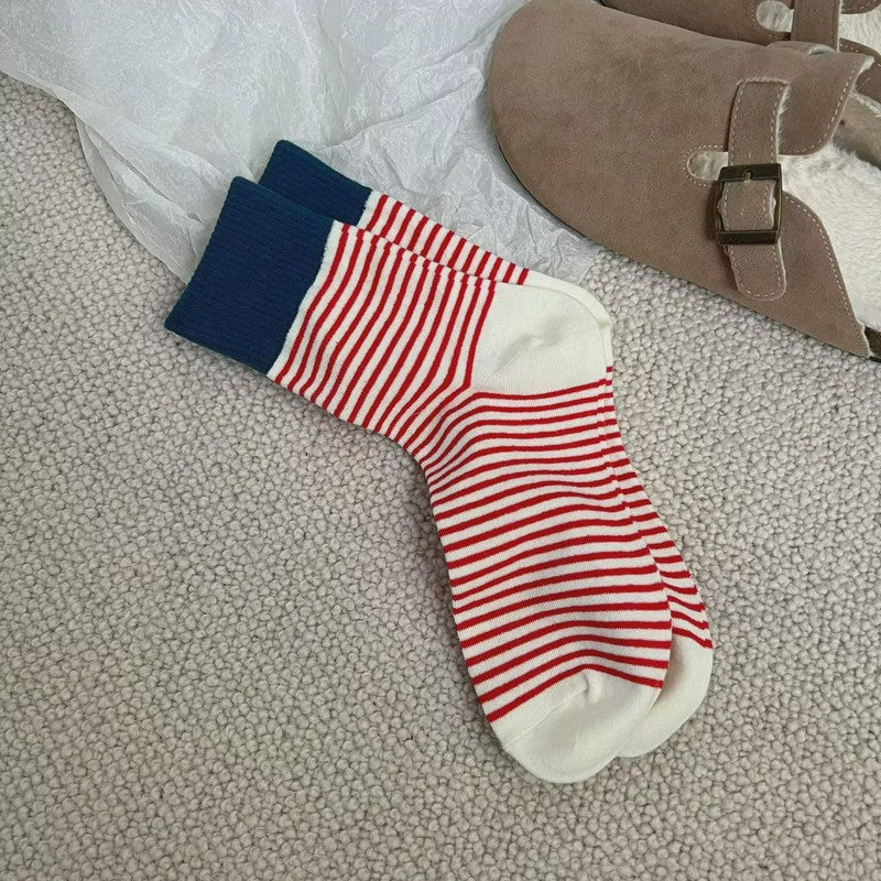 Plusock Retro Striped Color Blocking Quarter Socks (4 Pairs) - Red - EU36-39(US3-6) - image 7