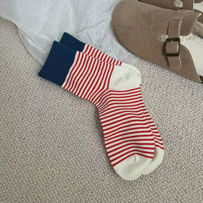 Plusock Retro Striped Color Blocking Quarter Socks (4 Pairs) - Red - EU36-39(US3-6) - image 7