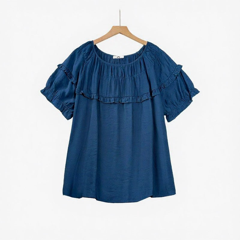Plusock Crinkled Rayon Blend Ruffle Yoke Blouse - Blue - 6XL - image 1