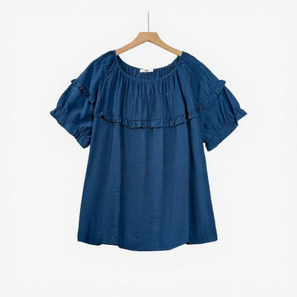 Plusock Crinkled Rayon Blend Ruffle Yoke Blouse - Blue - 6XL - image 1