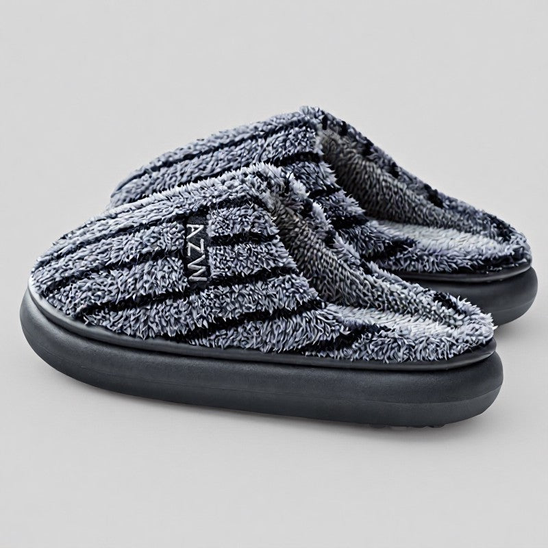Plusock Plus Size Striped Plush Closed Back  Fluffy Shoes - Dark Grey - EU44-45(US10-11) - image 1