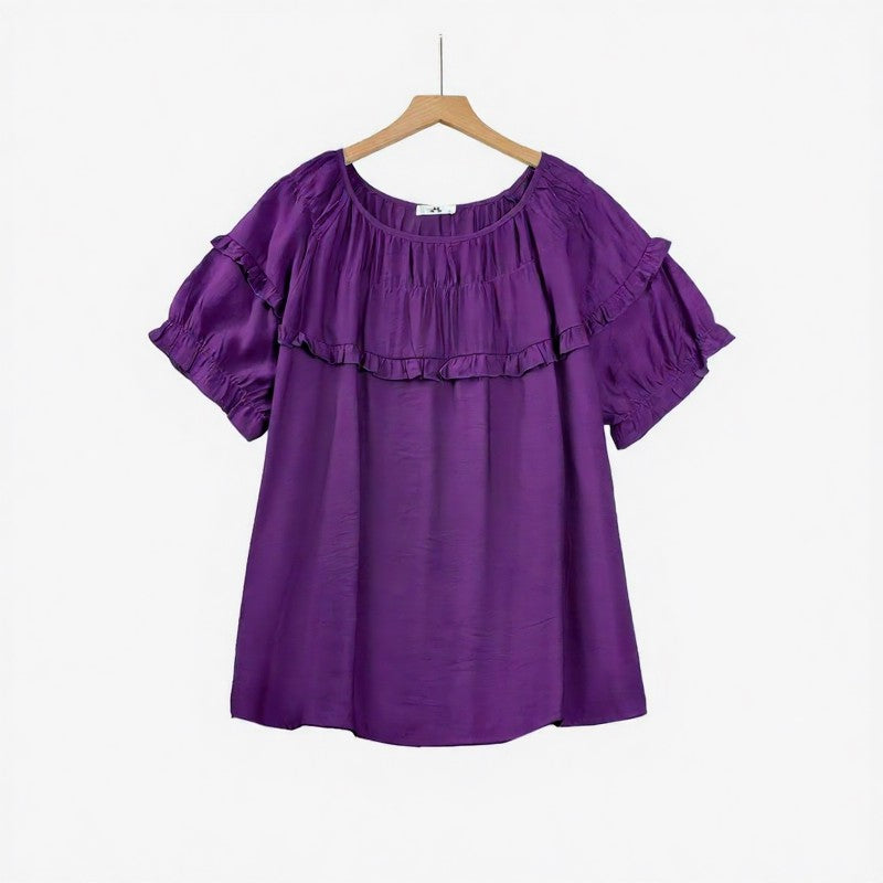 Plusock Crinkled Rayon Blend Ruffle Yoke Blouse - Purple - 6XL - image 3