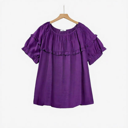 Plusock Crinkled Rayon Blend Ruffle Yoke Blouse - Purple - 6XL - image 3
