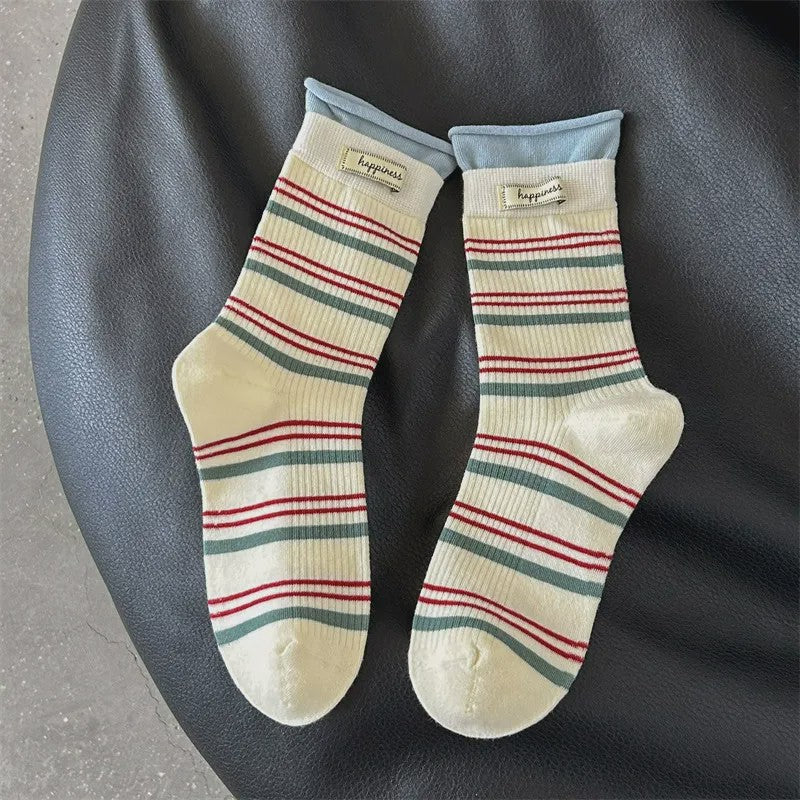 Plusock Retro Striped Knit Quarter Socks (5 Pairs) - Beige - EU36-42(US3-8.5) - image 17