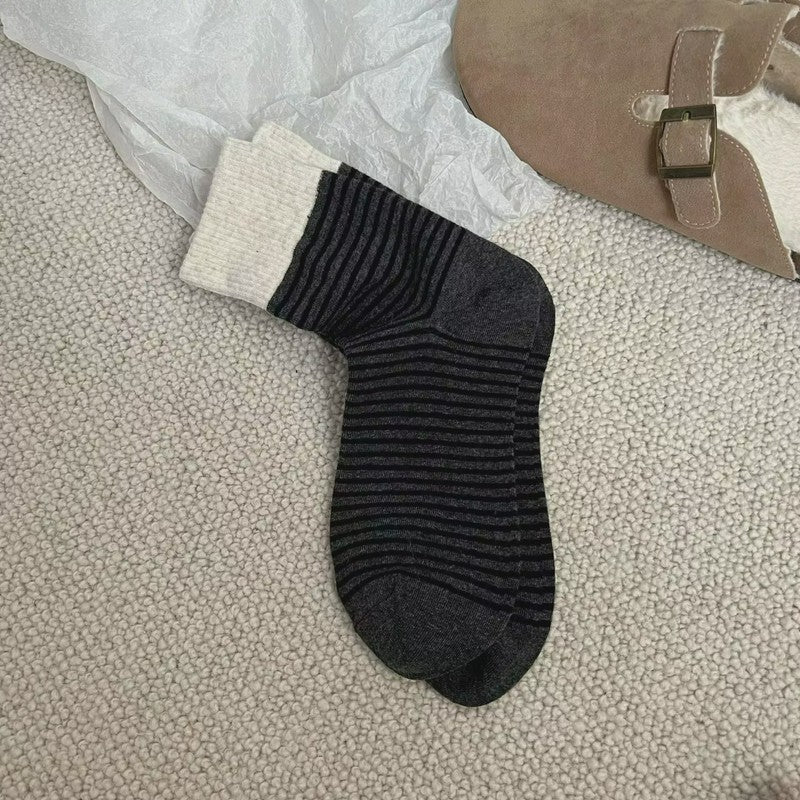 Plusock Retro Striped Color Blocking Quarter Socks (4 Pairs) - Black - EU36-39(US3-6) - image 5