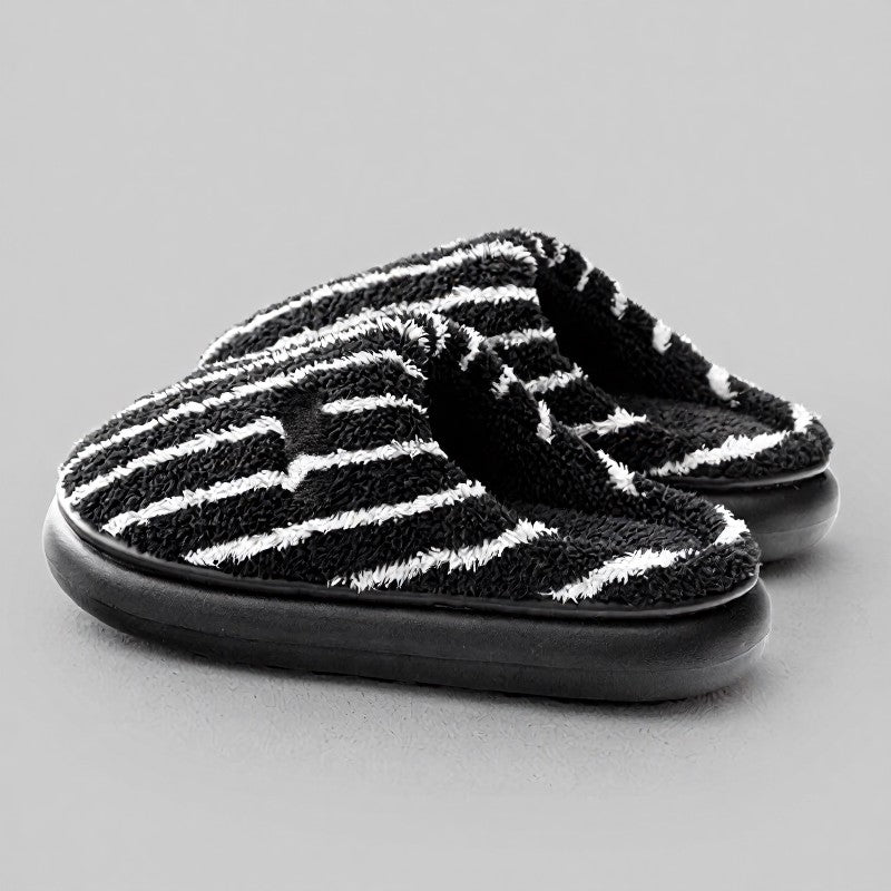 Plusock Plus Size Striped Plush Closed Back  Fluffy Shoes - Black - EU44-45(US10-11) - image 0