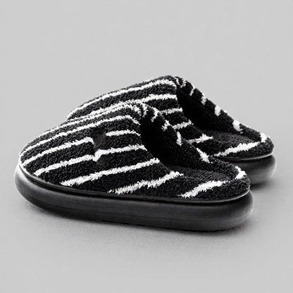 Plusock Plus Size Striped Plush Closed Back  Fluffy Shoes - Black - EU44-45(US10-11) - image 0