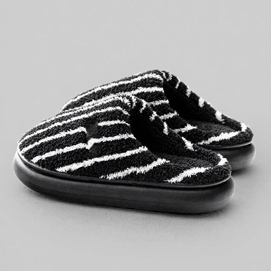 Plusock Plus Size Striped Plush Closed Back  Fluffy Shoes - Black - EU44-45(US10-11) - image 0
