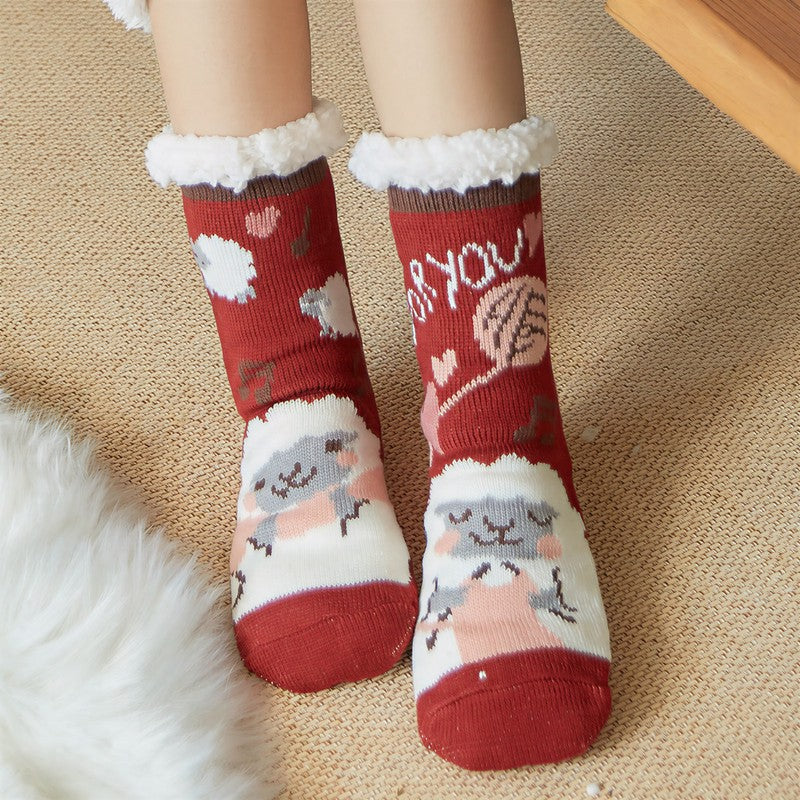 Plusock Nordic Fox Cozy Sherpa Cuff Home Slipper Socks(2 Pairs) - Wine - EU35-42(US2-8) - image 3