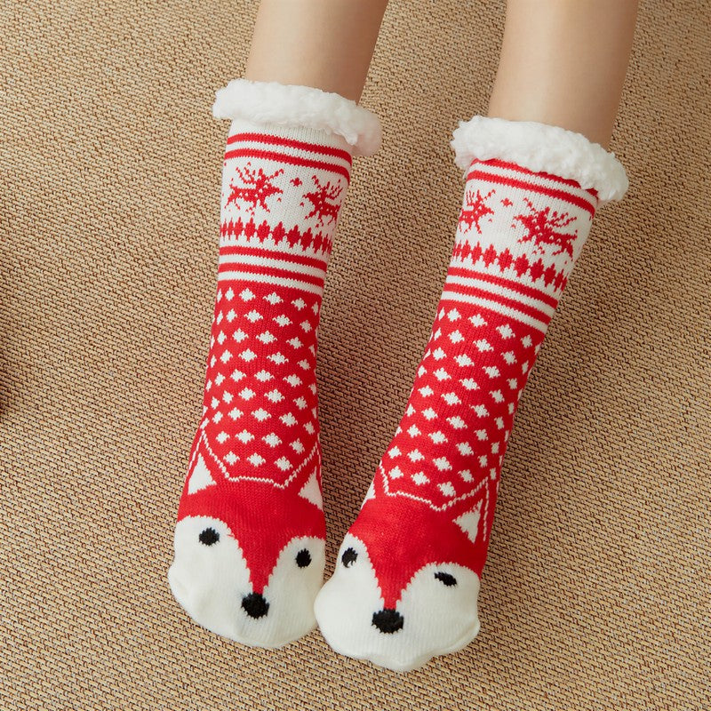 Plusock Nordic Fox Cozy Sherpa Cuff Home Slipper Socks(2 Pairs) - Red - EU35-42(US2-8) - image 1