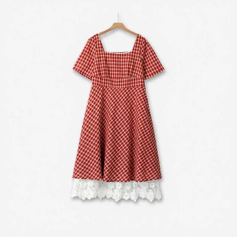 Plusock Vintage Gingham Lace Maxi Dress - Red - 6XL - image 0