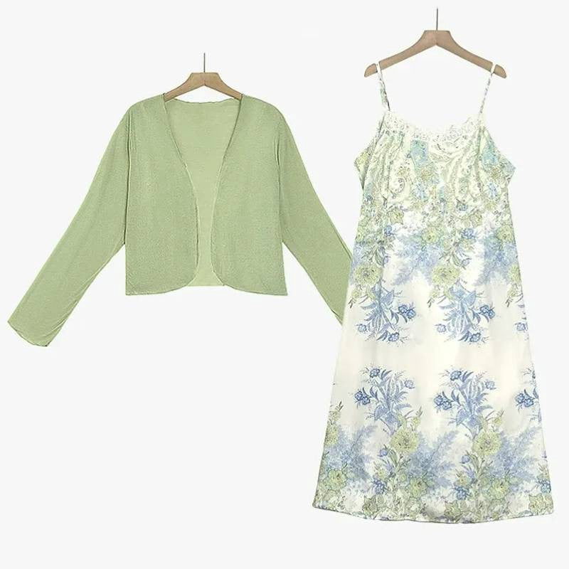 Plusock Floral Satin Dress Cardigan Two-Piece Set - 2Pcs Set - 6XL - image 0