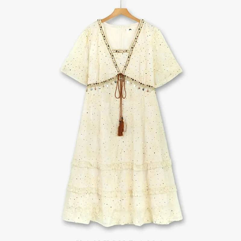 Plusock Broderie Anglaise Tassel Resort Midi Dress - Beige - 6XL - image 0