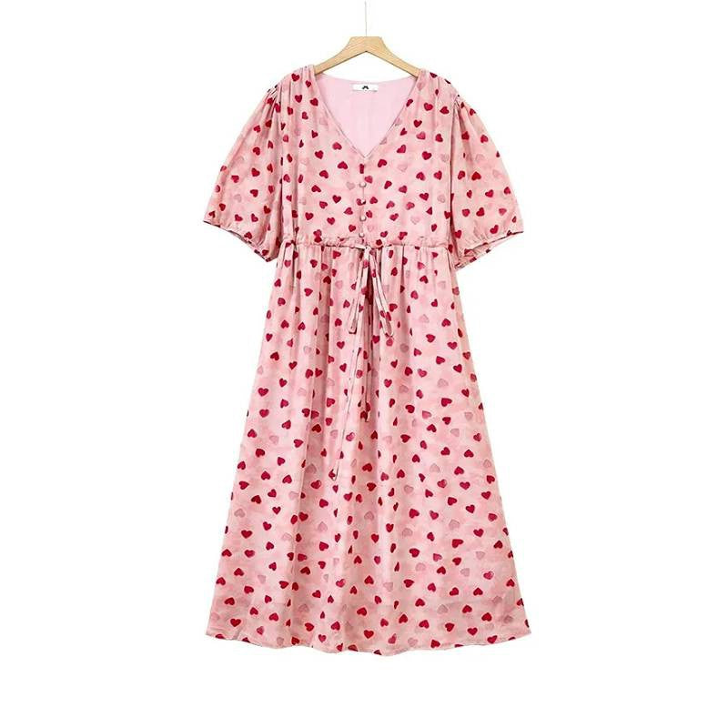 Plusock Heart Print Drawstring Midi Dress - Pink - 6XL - image 0