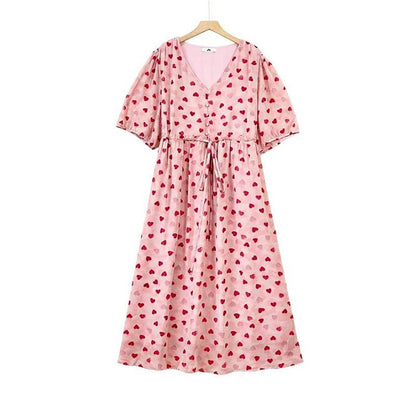 Plusock Heart Print Drawstring Midi Dress - Pink - 6XL - image 0