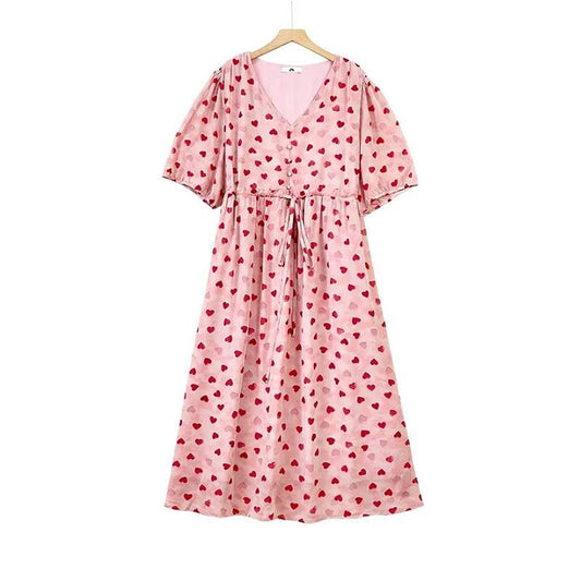 Plusock Heart Print Drawstring Midi Dress - Pink - 6XL - image 0