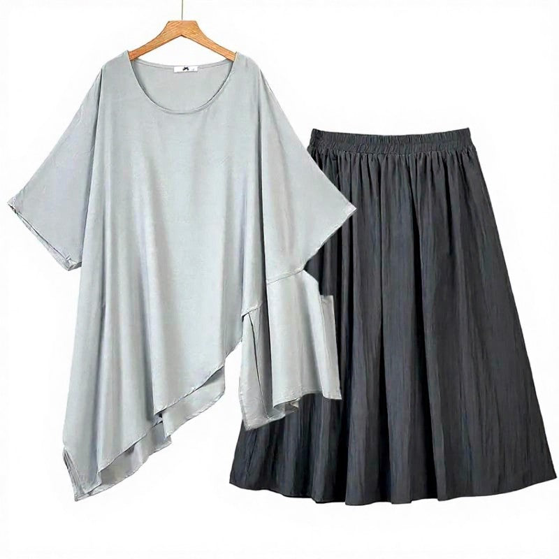Plusock Asymmetric Drape Top Pleated Midi Two Piece Skirt Set - Gray - 6XL - image 0