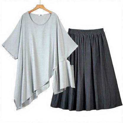 Plusock Asymmetric Drape Top Pleated Midi Two Piece Skirt Set - Gray - 6XL - image 0