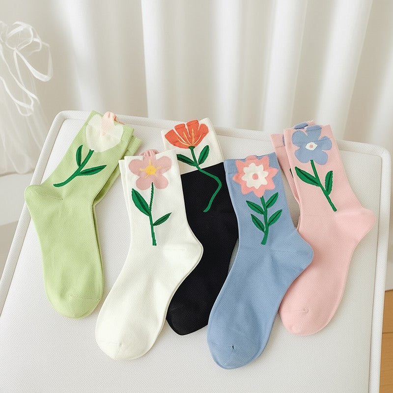Plusock Springtime Floral Embroidered Cotton Crew Socks(5 Pairs) - Multicolor - EU35-40 (US2-7) - image 1