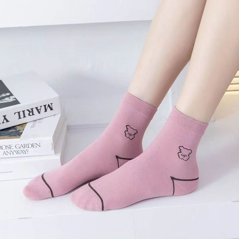 Plusock Cute Bear Embroidered Cotton Quarter  Socks(5 Pairs) - image 3