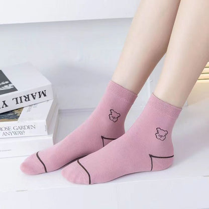 Plusock Cute Bear Embroidered Cotton Quarter  Socks(5 Pairs) - image 3