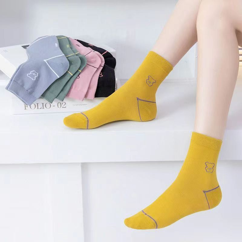 Plusock Cute Bear Embroidered Cotton Quarter  Socks(5 Pairs) - image 4