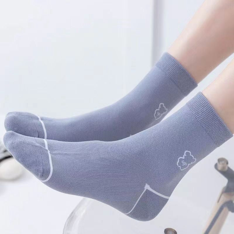 Plusock Cute Bear Embroidered Cotton Quarter  Socks(5 Pairs) - image 2