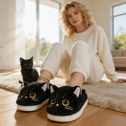 Plusock Cat Plush Soft Sole Indoor Slippers - Black - EU44-45(US10-11) - image 1