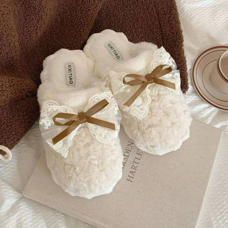 Plusock Lace Bow Plush Knit Cuff Slippers - image 4