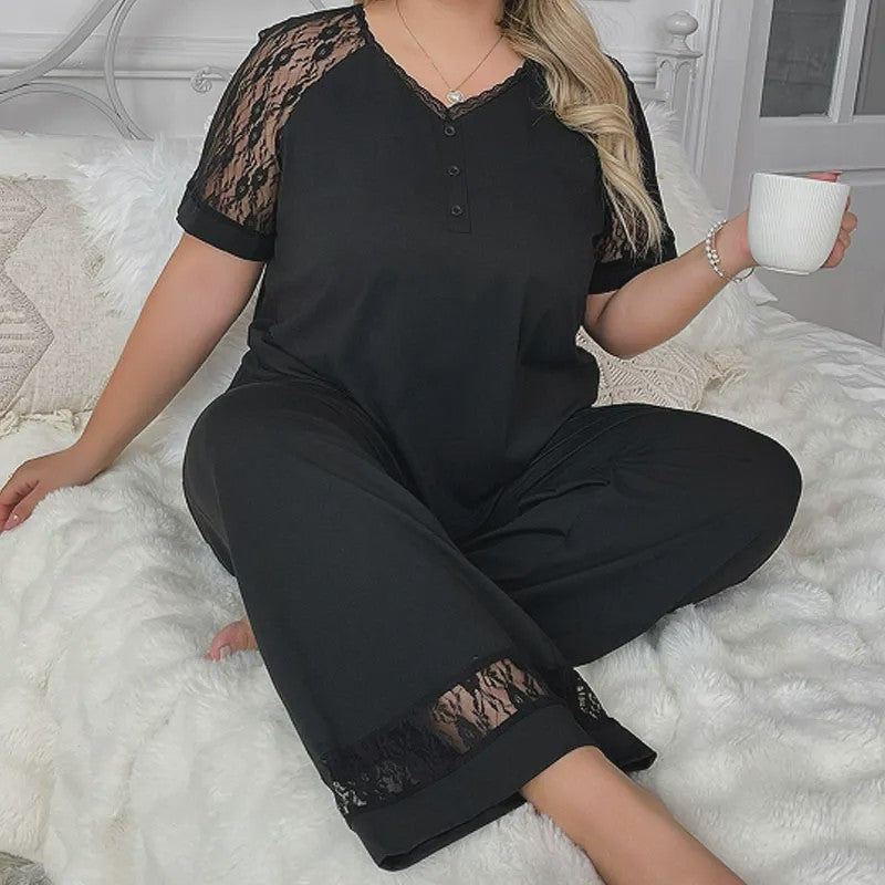 Plusock V Neck Lace Trim Pajama Set - image 1