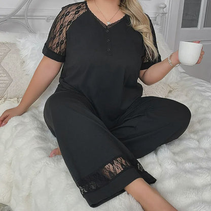 Plusock V Neck Lace Trim Pajama Set - image 1