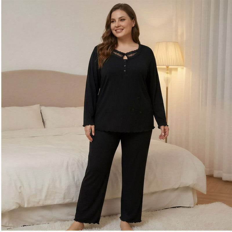 Plusock Lace Solid Color Pajama Set - Black - 4XL - image 0