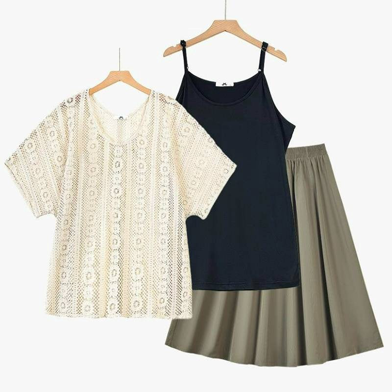 Plusock Lace Cover Up Cami and Midi Skirt Three Piece Set - 3Pcs Set (Black) - 6XL - image 0