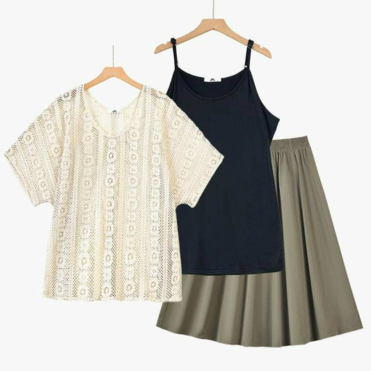 Plusock Lace Cover Up Cami and Midi Skirt Three Piece Set - 3Pcs Set (Black) - 6XL - image 0