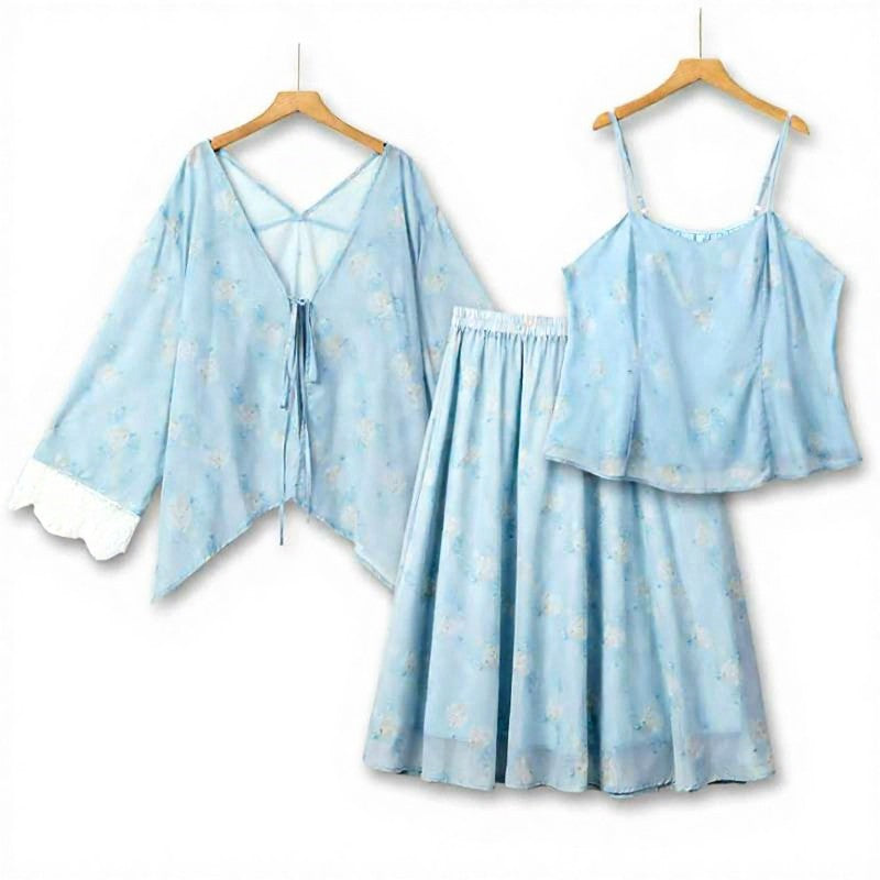 Plusock Floral Lace Trim Three Piece Skirt Set for Summer Days - Light Blue - 6XL - image 0