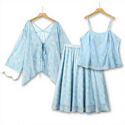 Plusock Floral Lace Trim Three Piece Skirt Set for Summer Days - Light Blue - 6XL - image 0