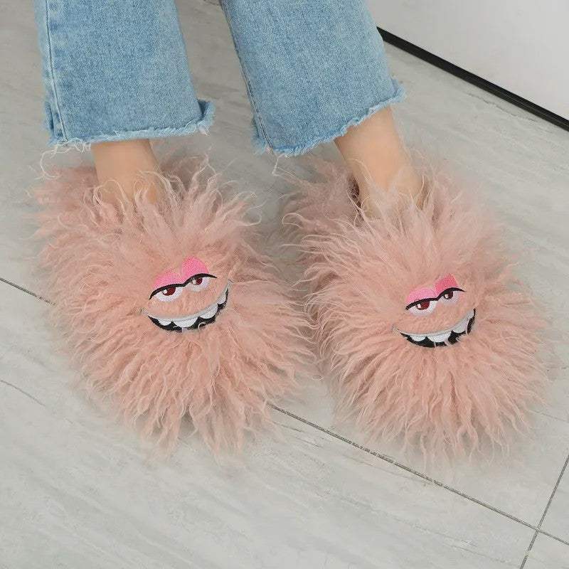 Plusock Pink Fluffy Cartoon Eye Indoor Slippers - image 0