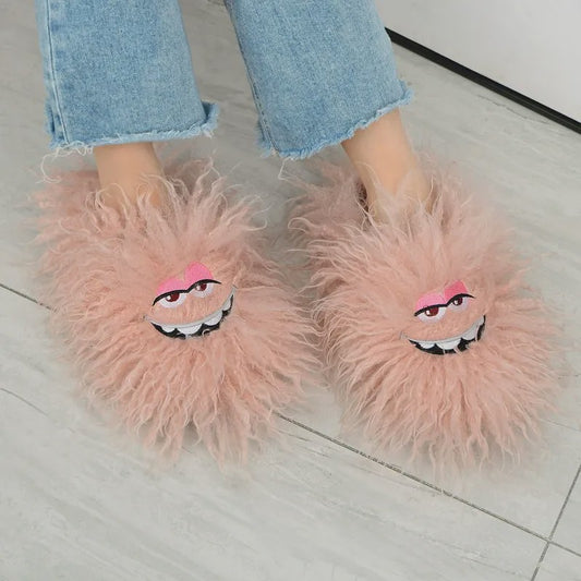 Plusock Pink Fluffy Cartoon Eye Indoor Slippers - image 0