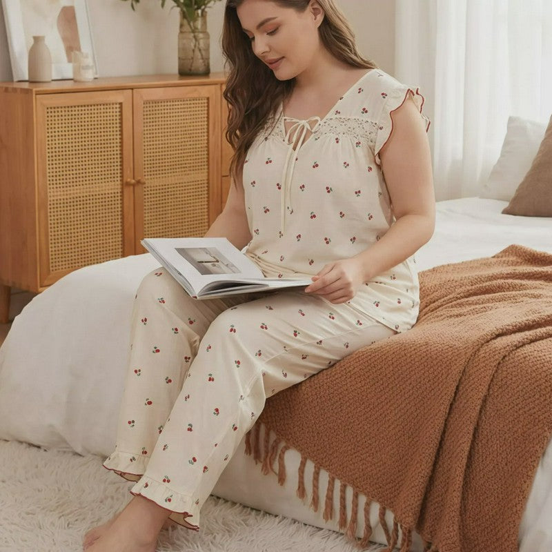 Plusock Soft Floral Bow Pajama Set - Beige - 4XL - image 0